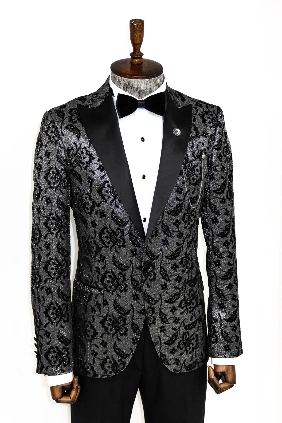 Floral Patterned Peak Lapel Smoked Men Dinner Party Blazer - Wessi