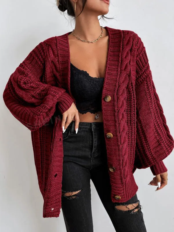 Flytonn-Fall Outfits Women Outwear Streetwear -women fall outfits high street ins style  fall outfits women V-neck Sweater Women's Retro Style Fashion Loose Twist Lantern Sleeve Cardigan Knitted Coat