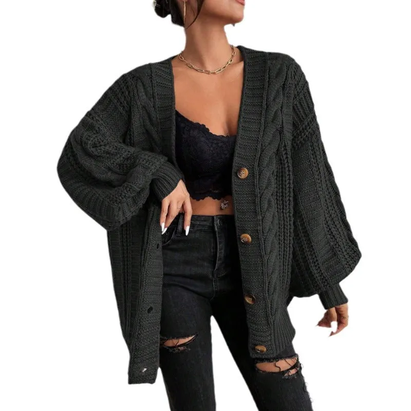 Flytonn-Fall Outfits Women Outwear Streetwear -women fall outfits high street ins style  fall outfits women V-neck Sweater Women's Retro Style Fashion Loose Twist Lantern Sleeve Cardigan Knitted Coat