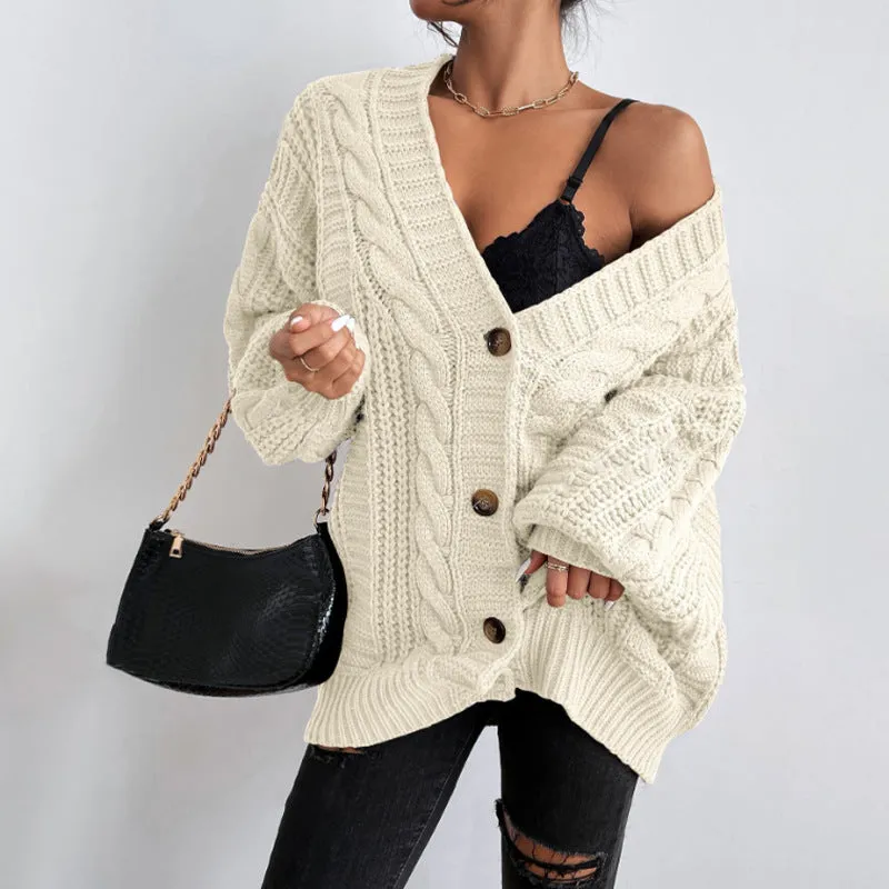 Flytonn-Fall Outfits Women Outwear Streetwear -women fall outfits high street ins style  fall outfits women V-neck Sweater Women's Retro Style Fashion Loose Twist Lantern Sleeve Cardigan Knitted Coat