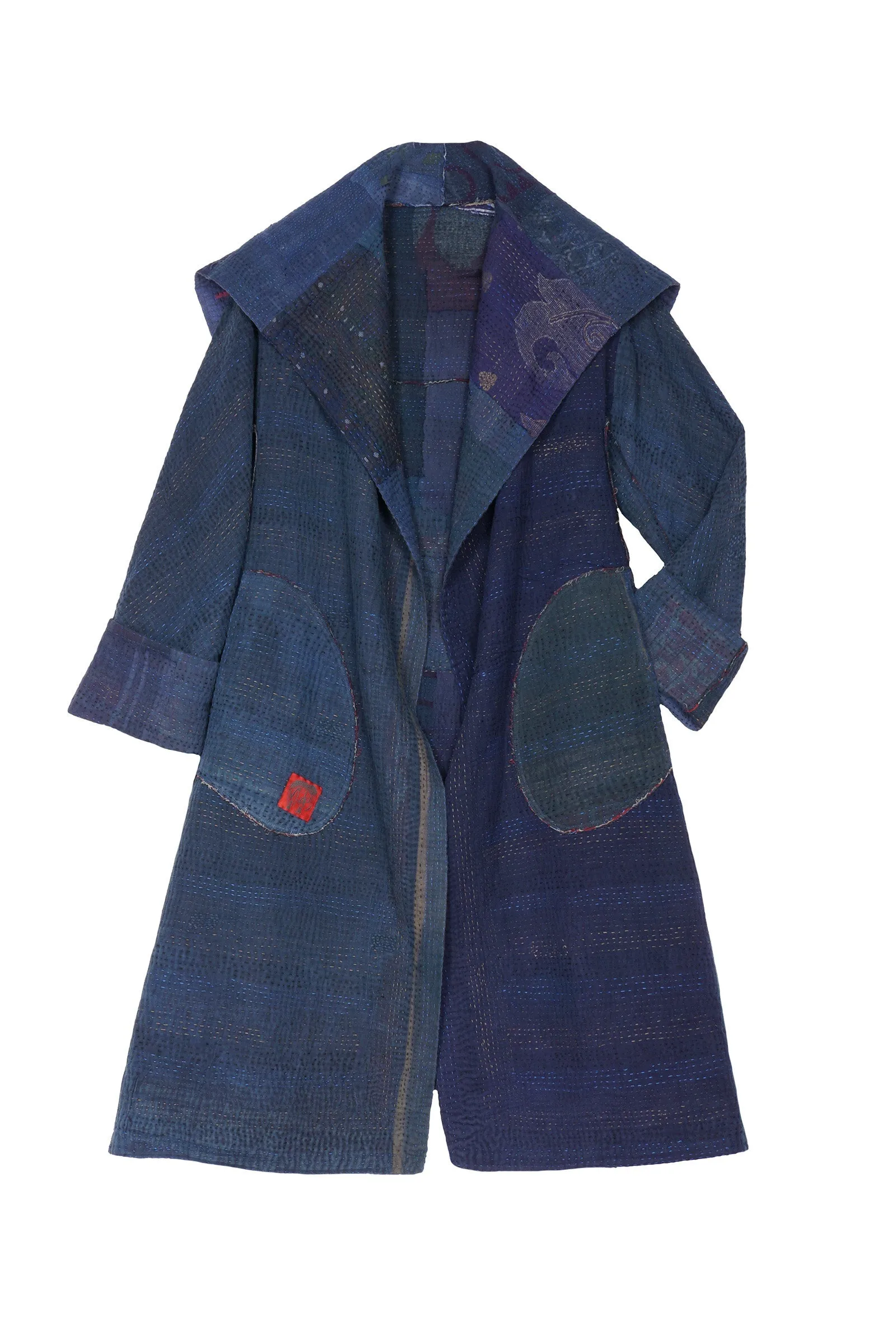 FRAYED PATCH KANTHA A-LINE COAT - fi4309-nvy -