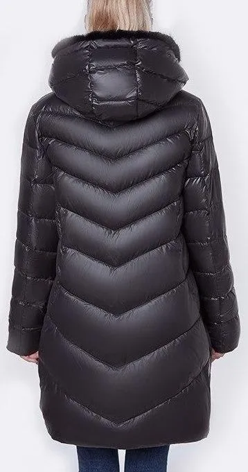 Fur-Trim Hooded Puffer Coat - Light Grey, Black or Green