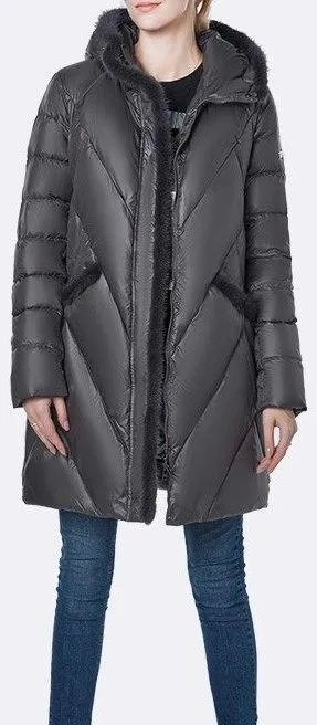 Fur-Trim Hooded Puffer Coat - Light Grey, Black or Green