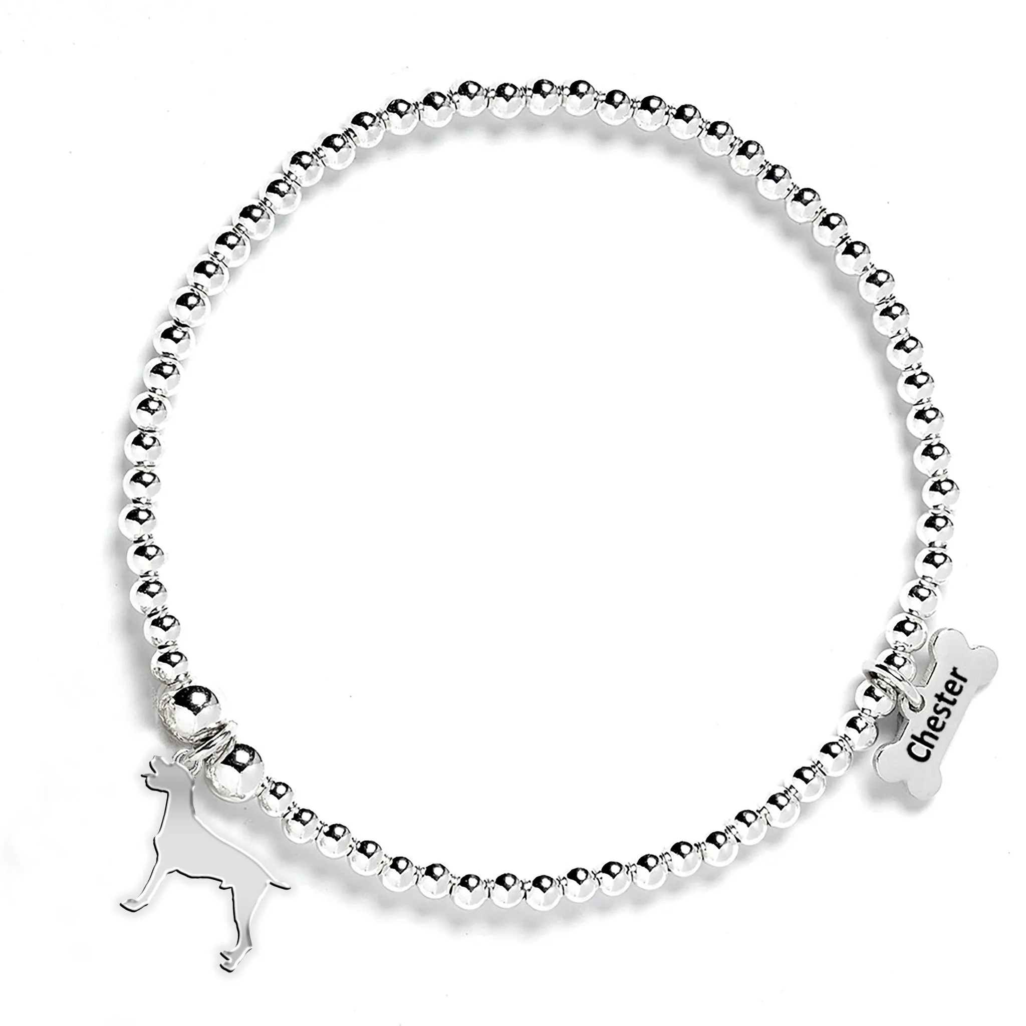 German Longhaired Pointer Silhouette Silver Ball Bead Bracelet - Personalised