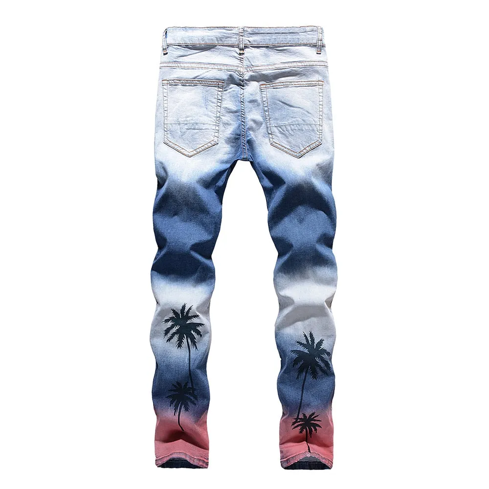 Gradient Tropical Palm Printed Slim Fit Jeans