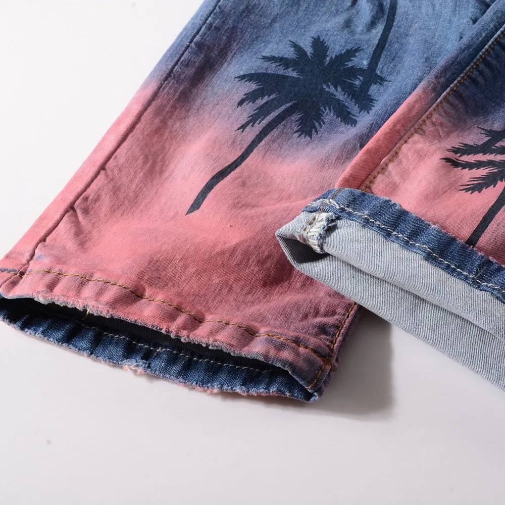 Gradient Tropical Palm Printed Slim Fit Jeans