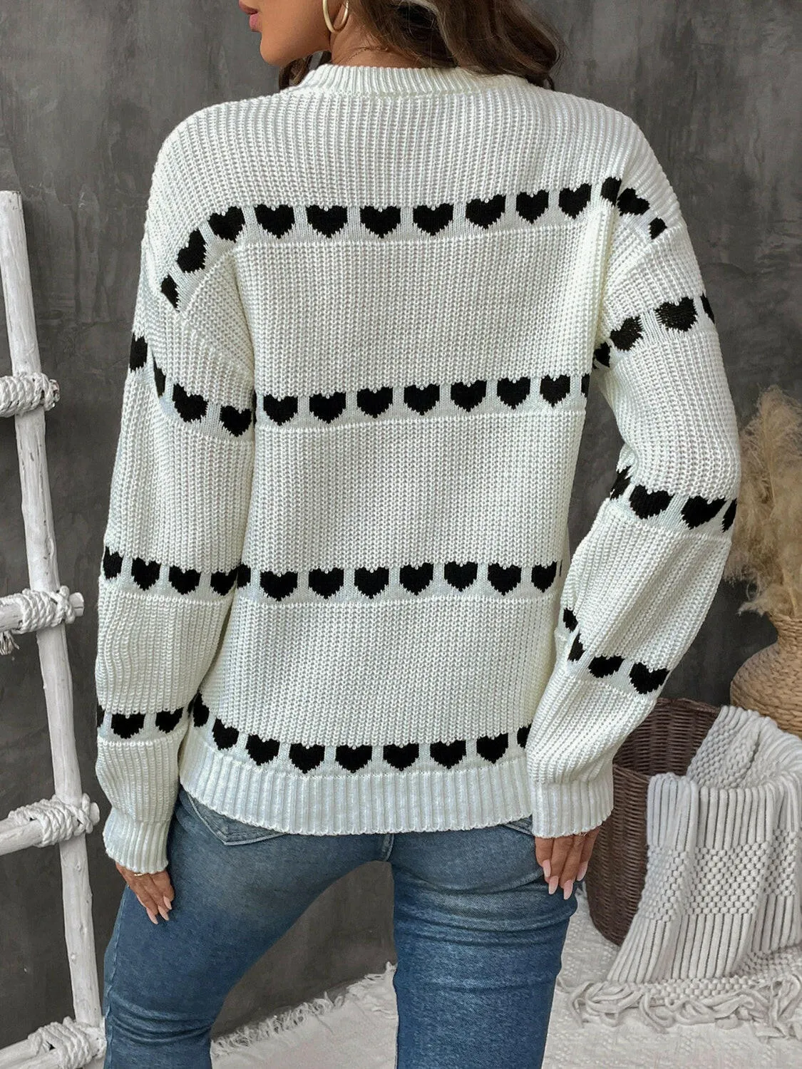 Heart Pattern Round Neck Long Sleeve Sweater