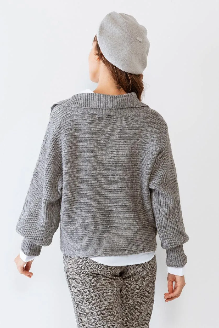 Heather Grey Knit Collared Long Sleeve Cropped Sweater /2-2-2