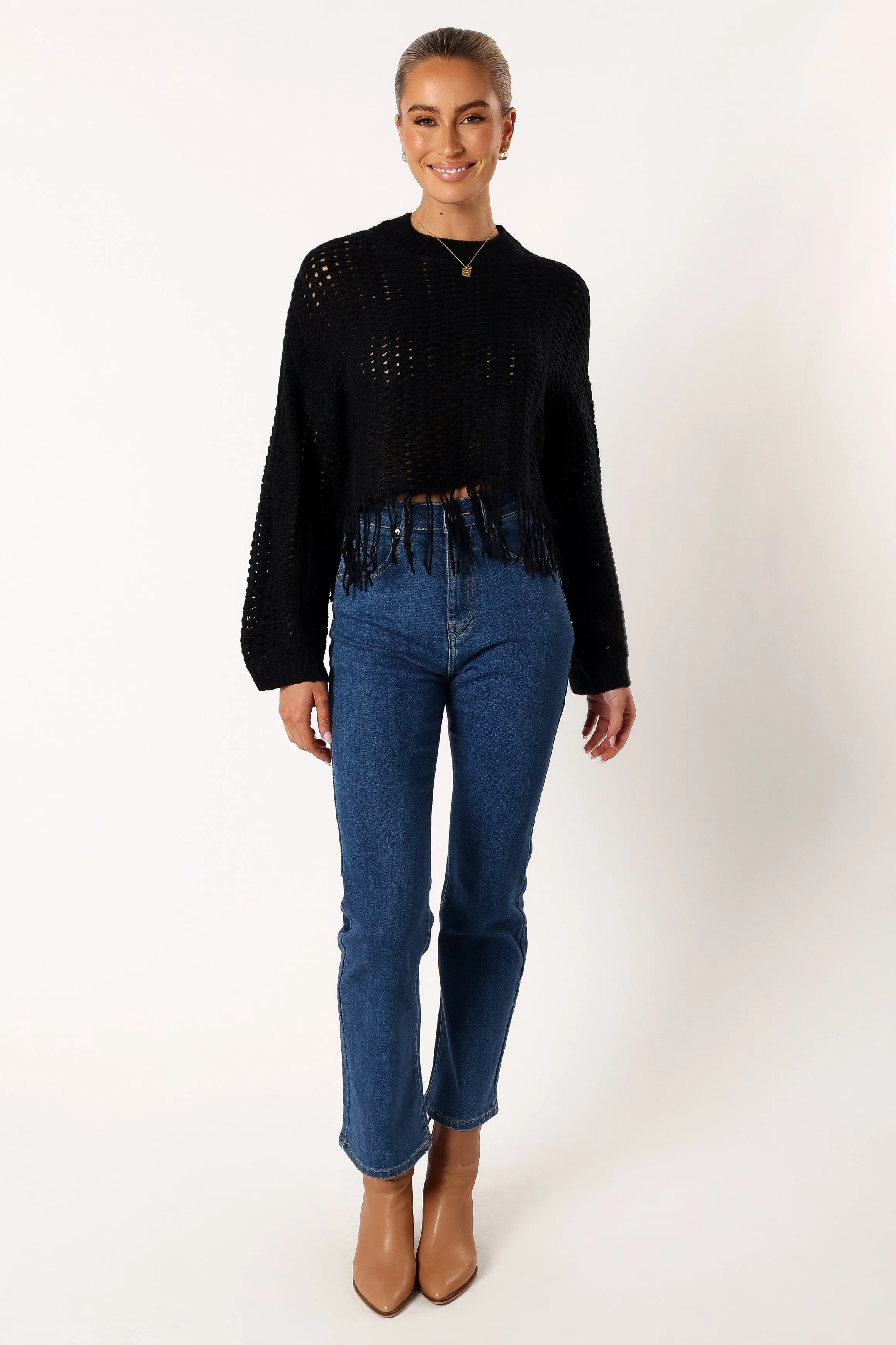 Katalina Fringe Crop Knit Sweater - Black