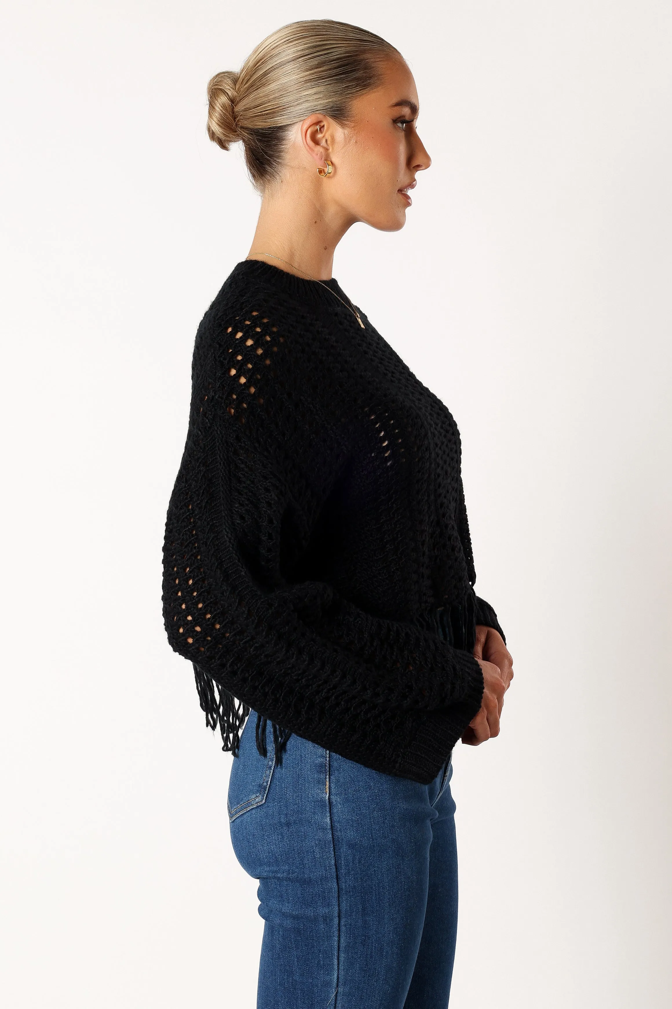 Katalina Fringe Crop Knit Sweater - Black