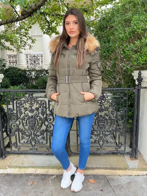 Khaki/Natural Fur Luxury Fur Padded Belted Coat