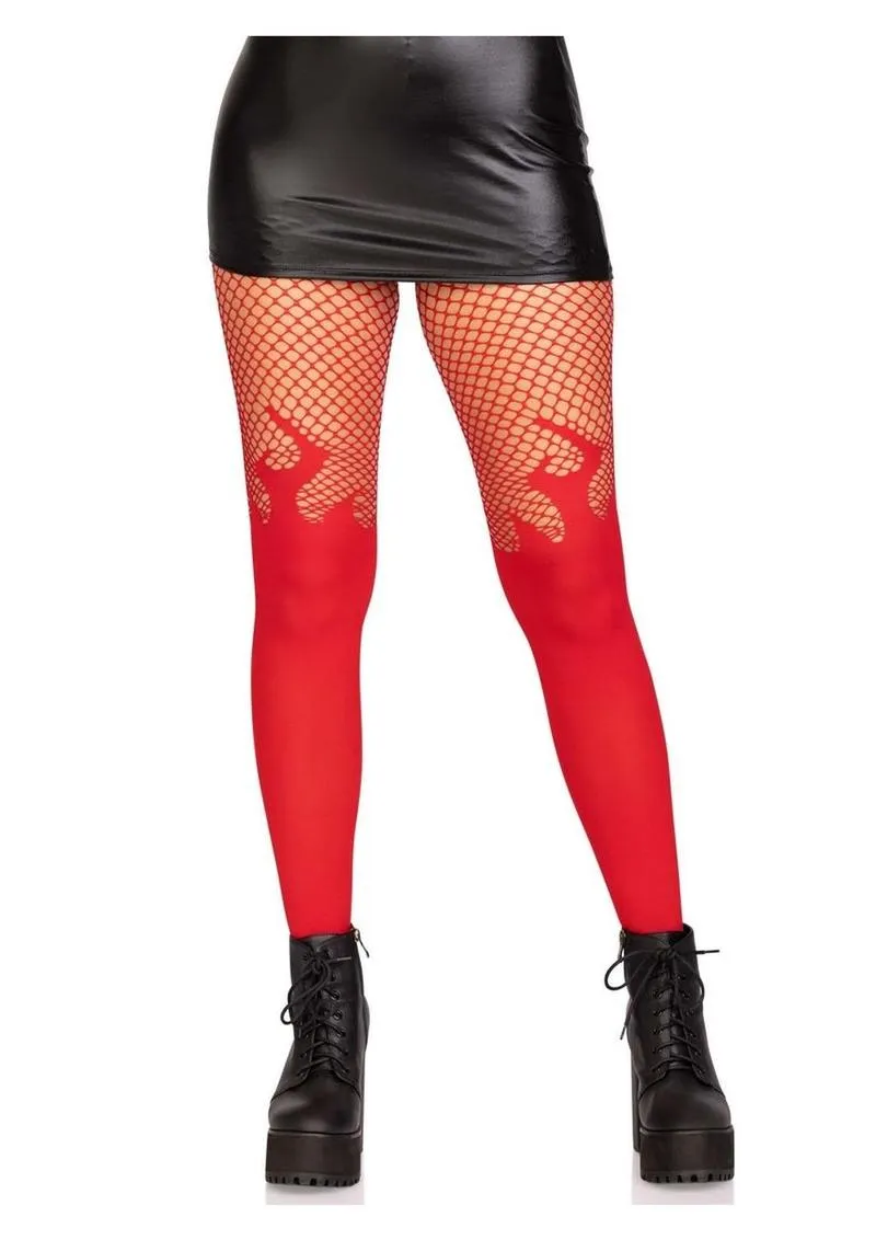 Leg Avenue Opaque Flame Tights with Fishnet Top