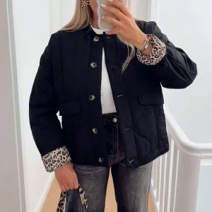 Leopard Print Lining Puffer Jacket Quilted Jacket Black