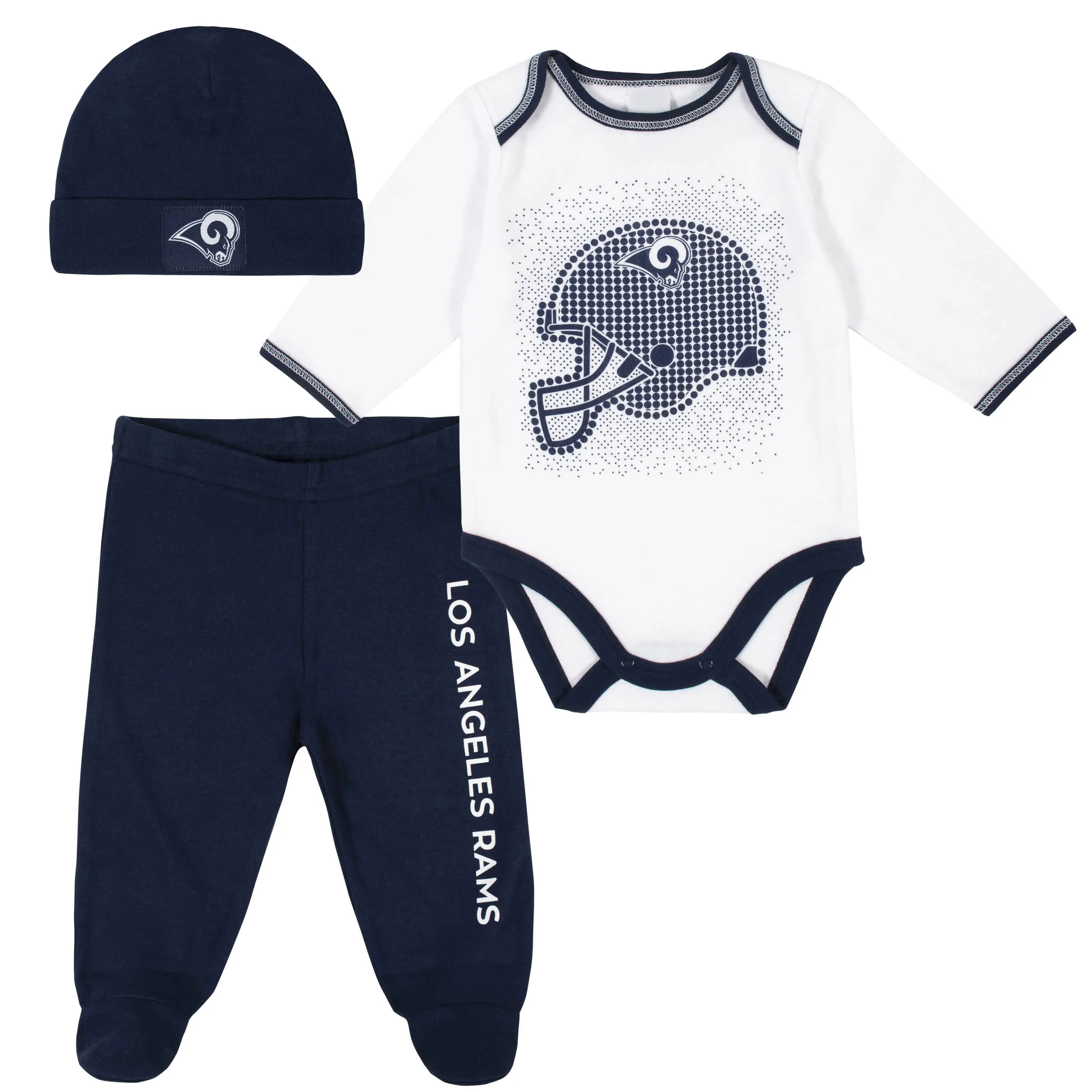 Los Angeles Rams 3-Piece Baby Boys Bodysuit, Footed Pant, and Cap Set