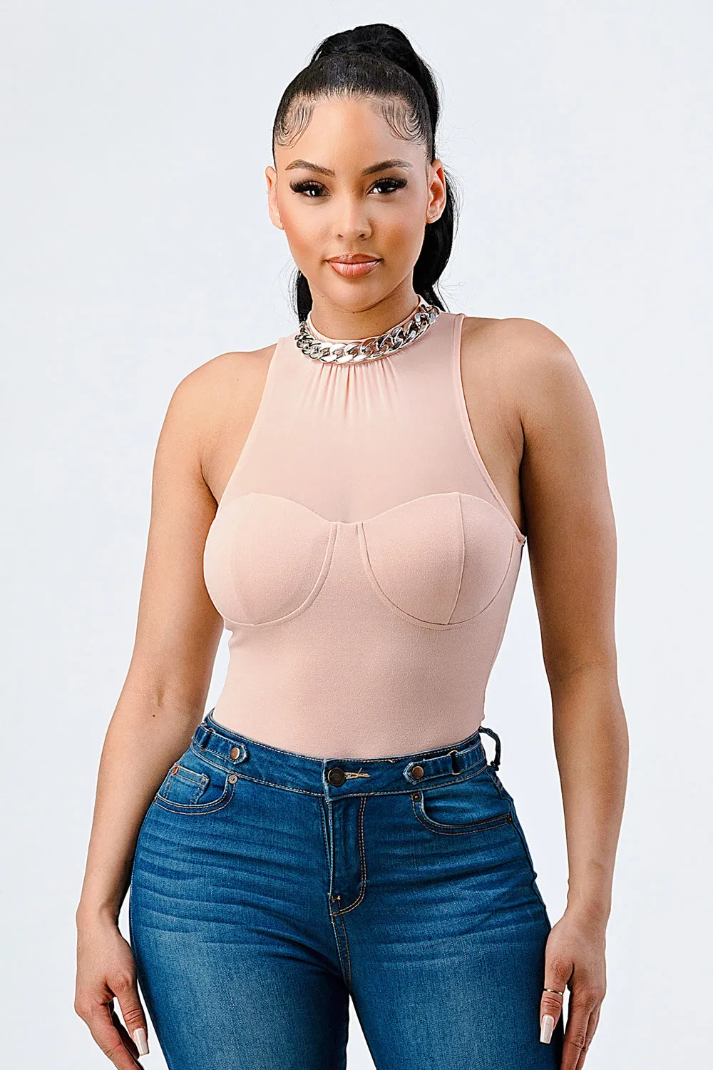 LUX SILVER CHAIN NECKLACE MESH BODYSUIT