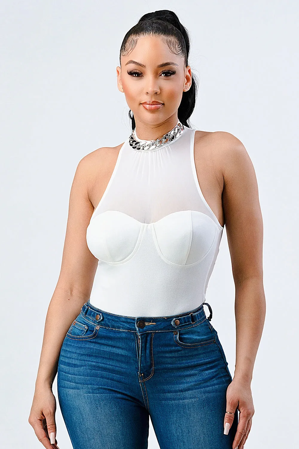 LUX SILVER CHAIN NECKLACE MESH BODYSUIT