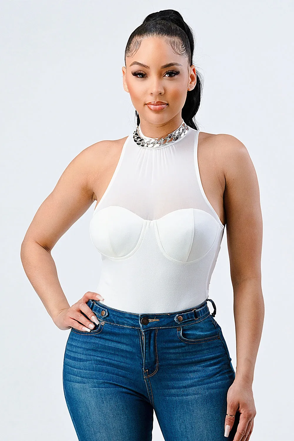 LUX SILVER CHAIN NECKLACE MESH BODYSUIT