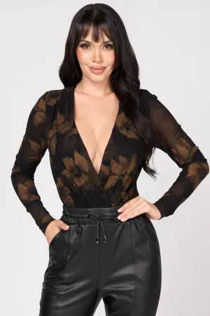 LUXE FLORAL PRINTED LUREX GLITTER V NECK BODYSUIT