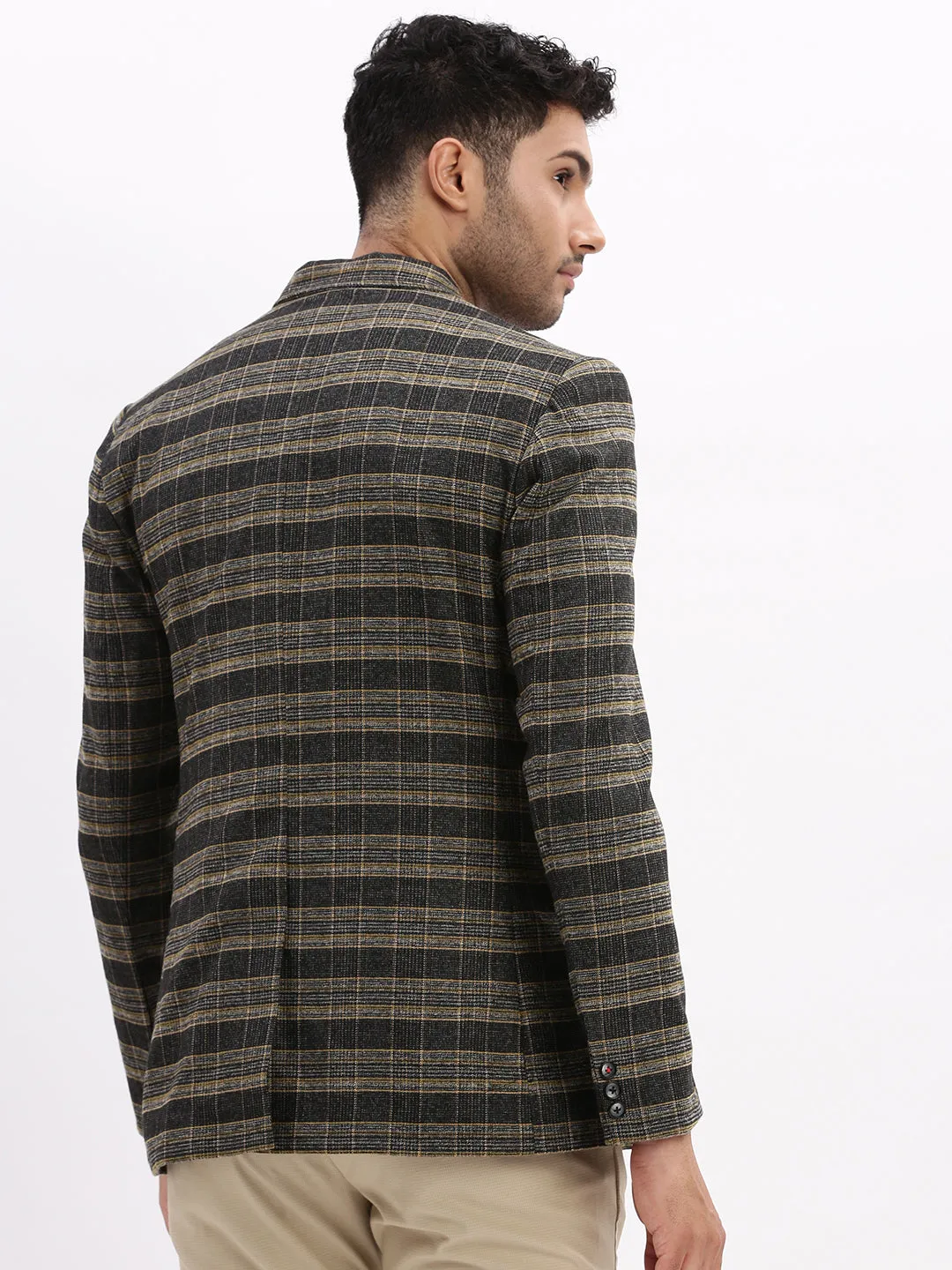 Men Checked Black Single Breasted Blazer