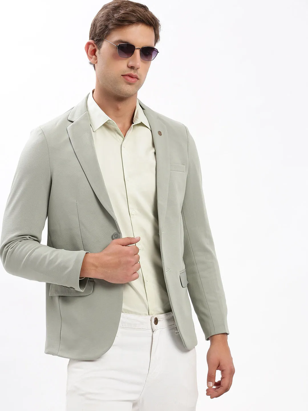 Men Notched Lapel Solid Olive Blazer