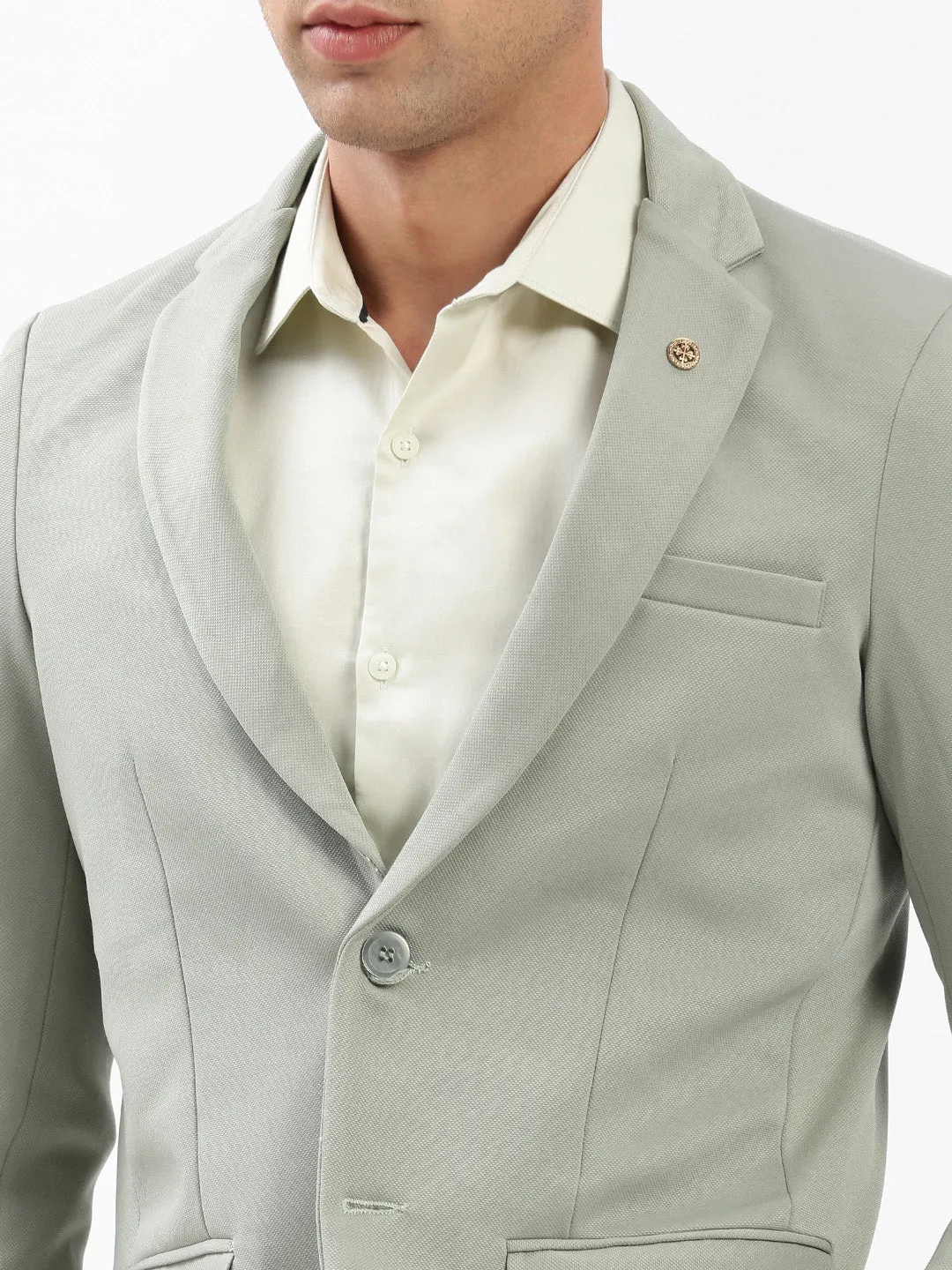 Men Notched Lapel Solid Olive Blazer