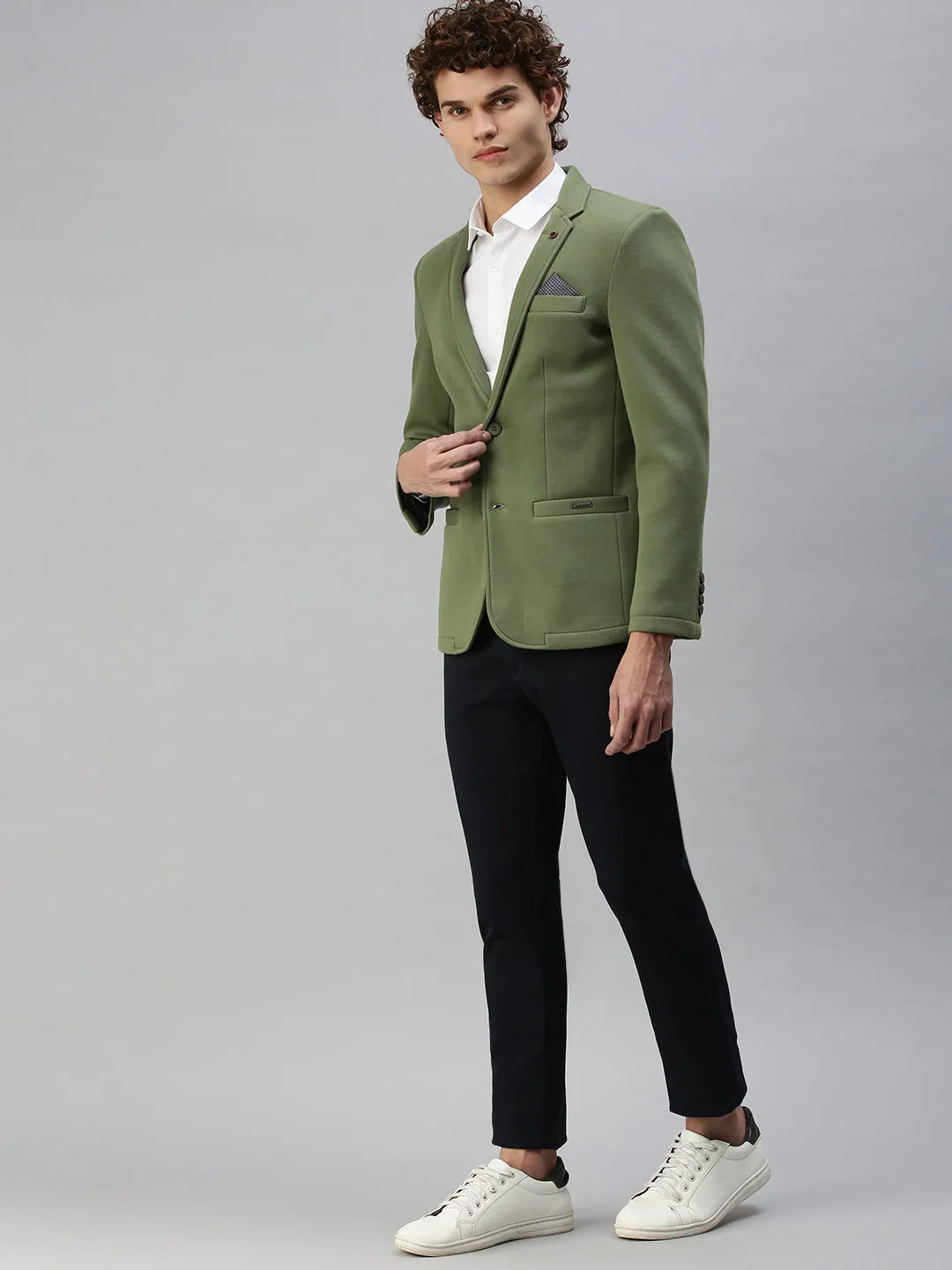 Men's Solid Green Single Breasted Blazer