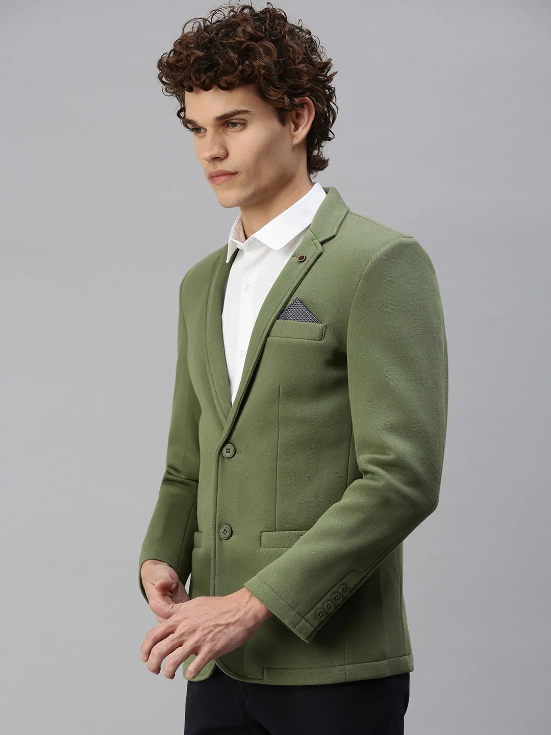 Men's Solid Green Single Breasted Blazer