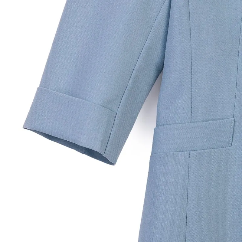 Mist Blue Midi Sleeve Lapel Suit Blazer