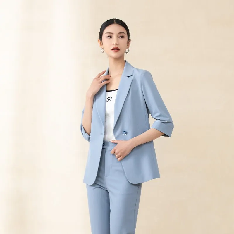 Mist Blue Midi Sleeve Lapel Suit Blazer