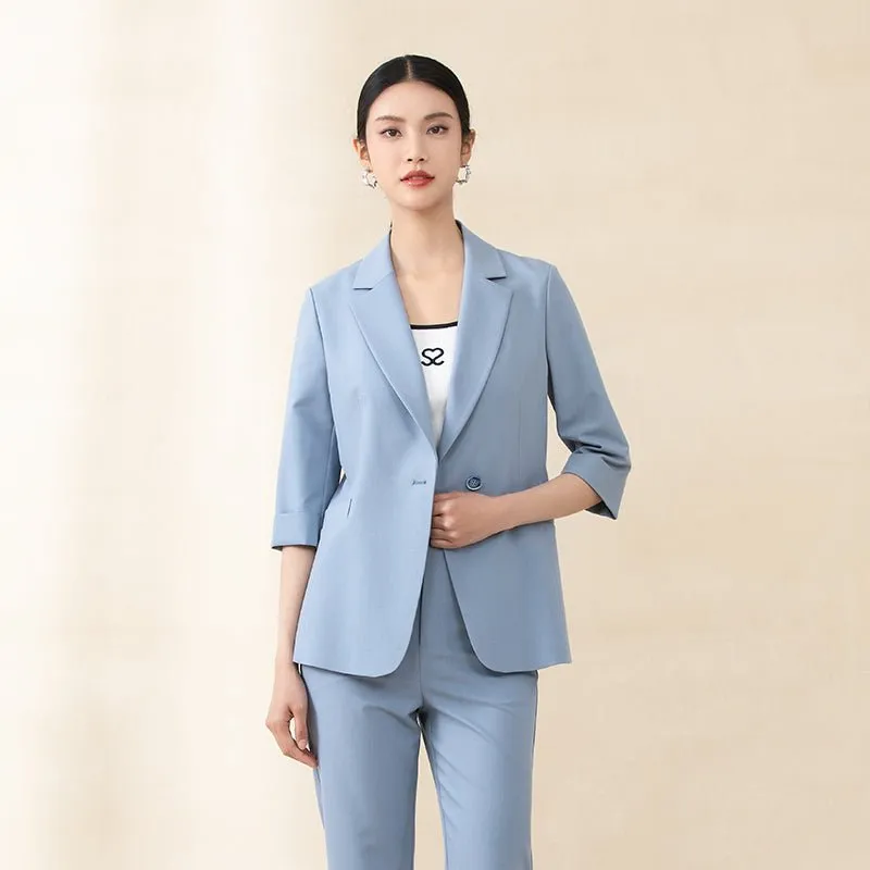 Mist Blue Midi Sleeve Lapel Suit Blazer