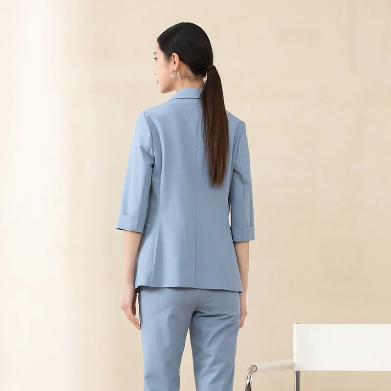 Mist Blue Midi Sleeve Lapel Suit Blazer