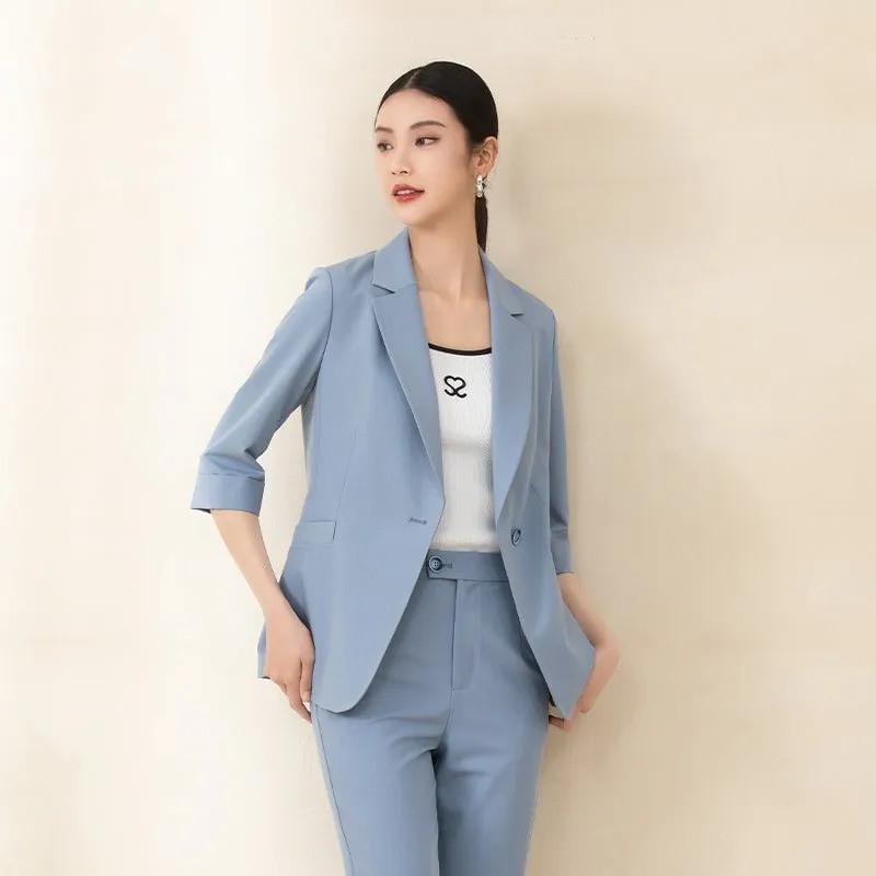 Mist Blue Midi Sleeve Lapel Suit Blazer