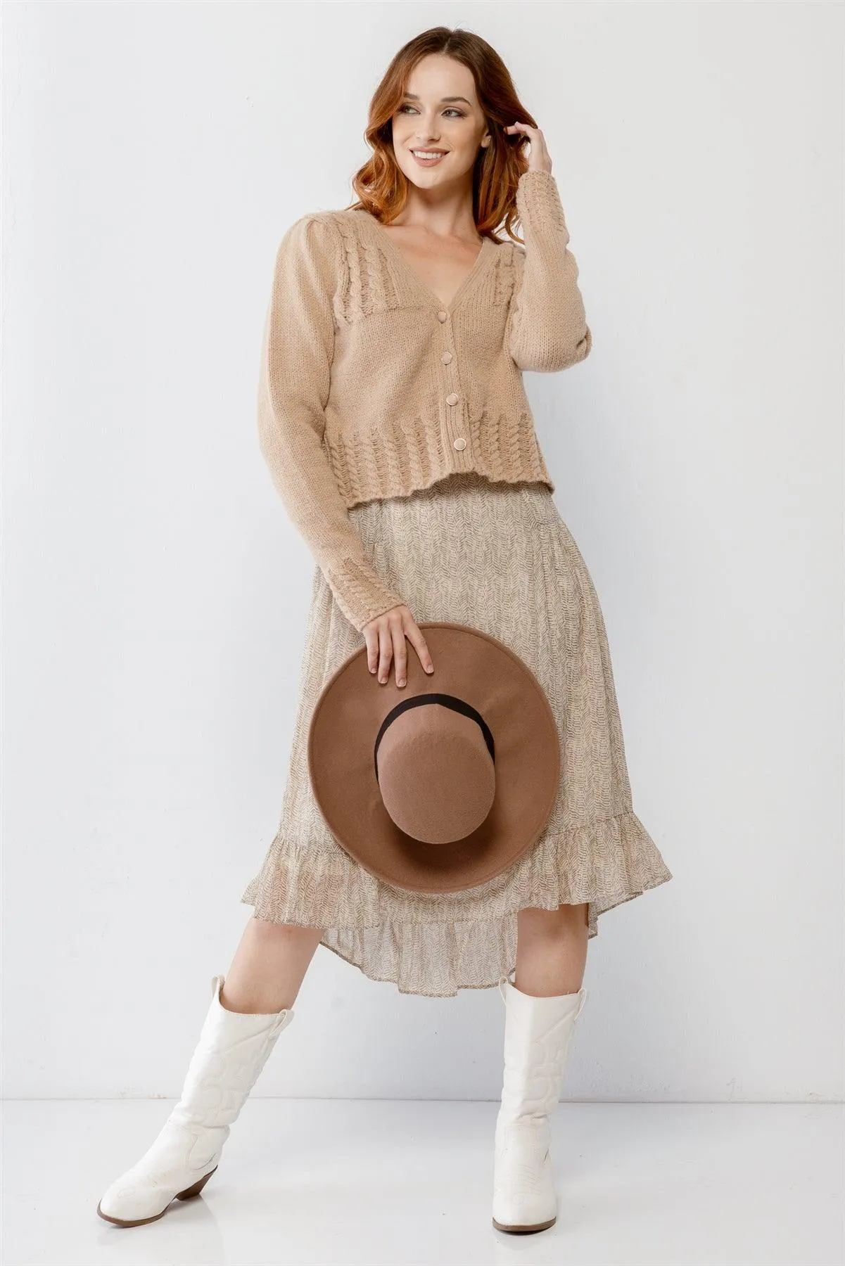 Mocha Cable Knit Front Button-Up Long Sleeve Cropped Sweater /2-2-2