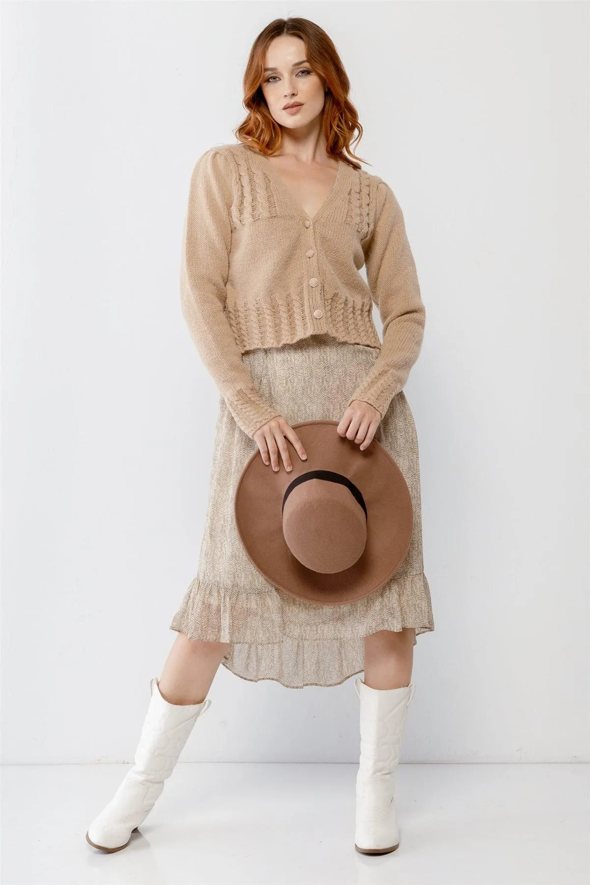 Mocha Cable Knit Front Button-Up Long Sleeve Cropped Sweater /2-2-2