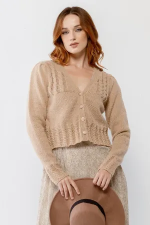 Mocha Cable Knit Front Button-Up Long Sleeve Cropped Sweater /2-2-2