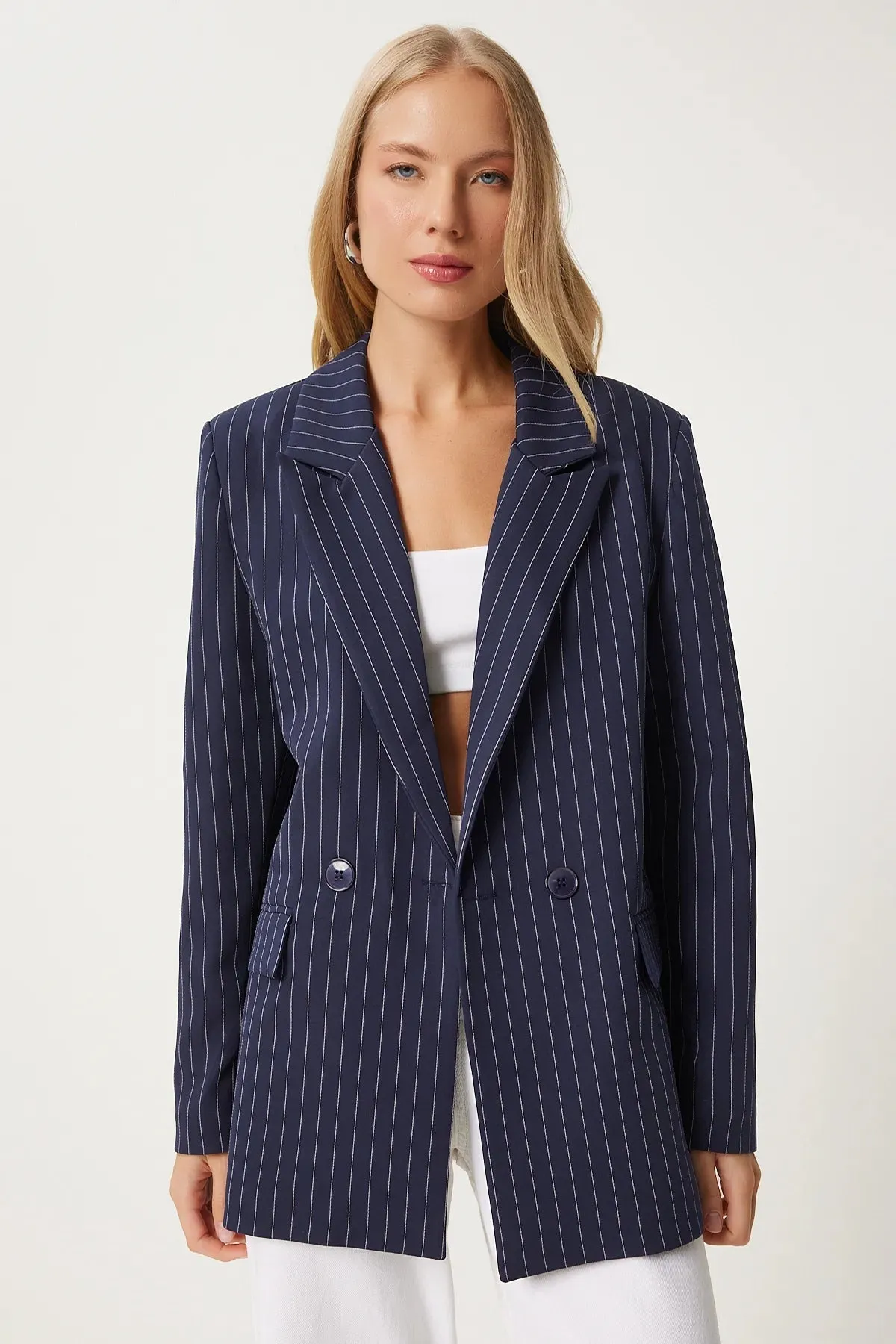 Navy Blue Pinstripe Oversize Double Breasted Jacket