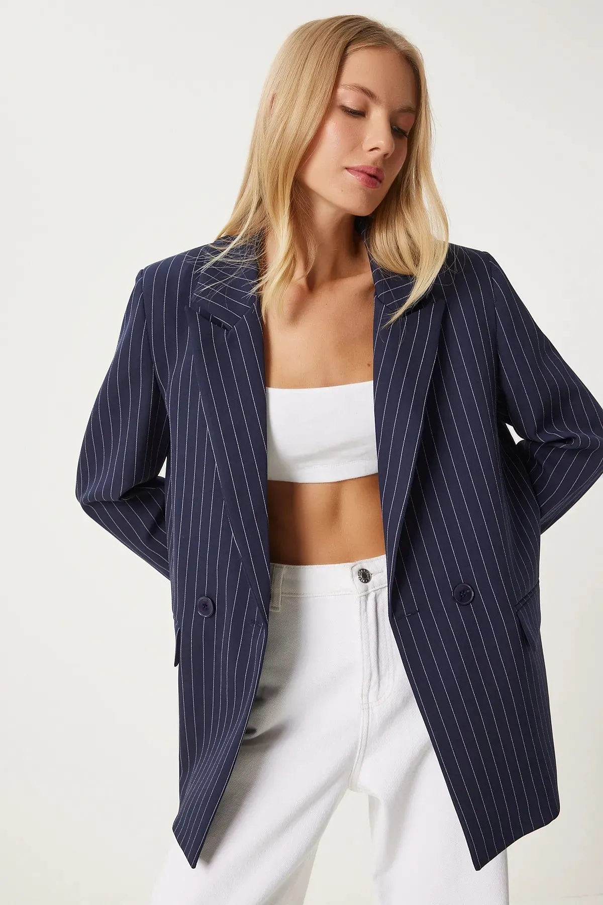 Navy Blue Pinstripe Oversize Double Breasted Jacket