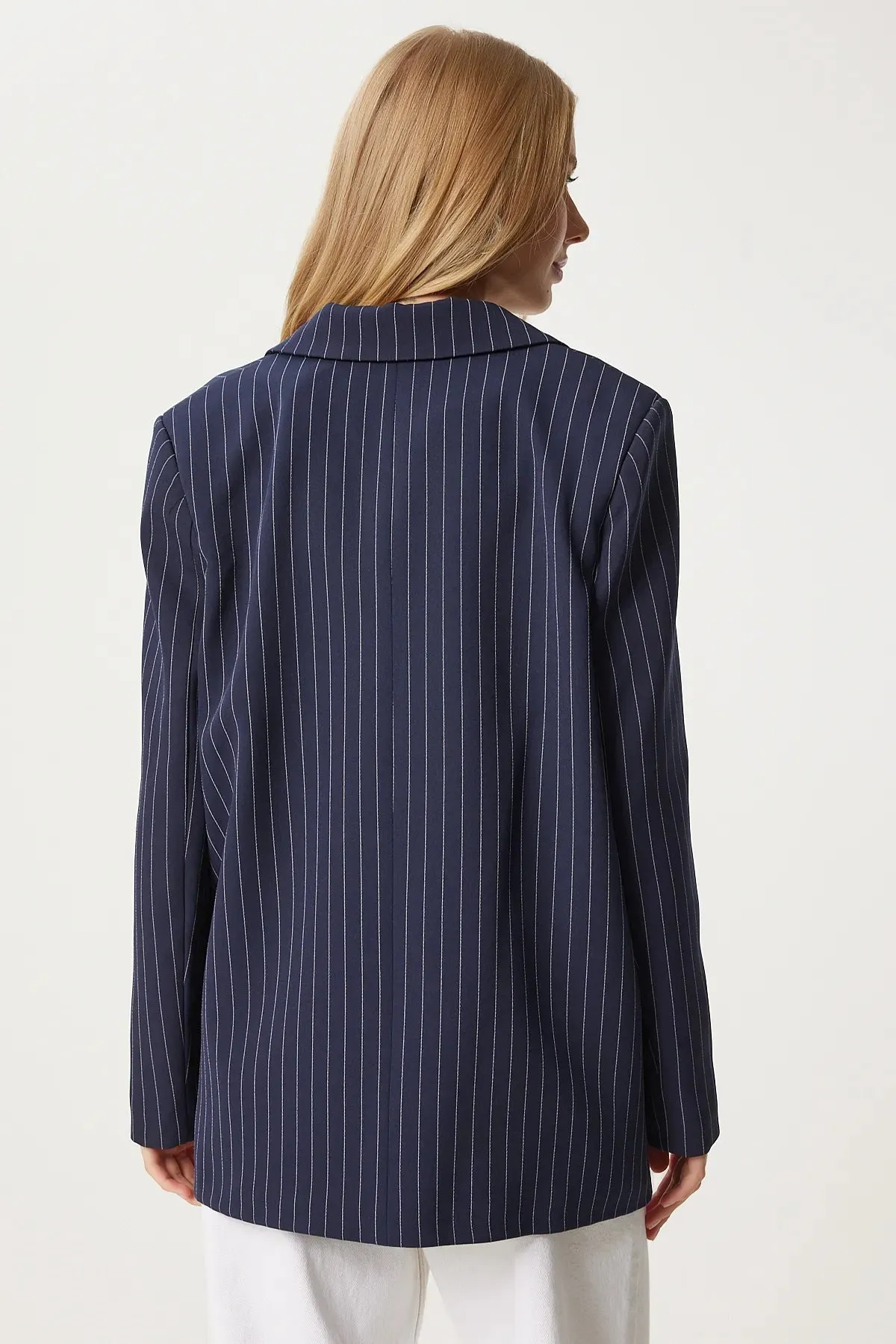 Navy Blue Pinstripe Oversize Double Breasted Jacket