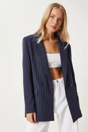 Navy Blue Pinstripe Oversize Double Breasted Jacket