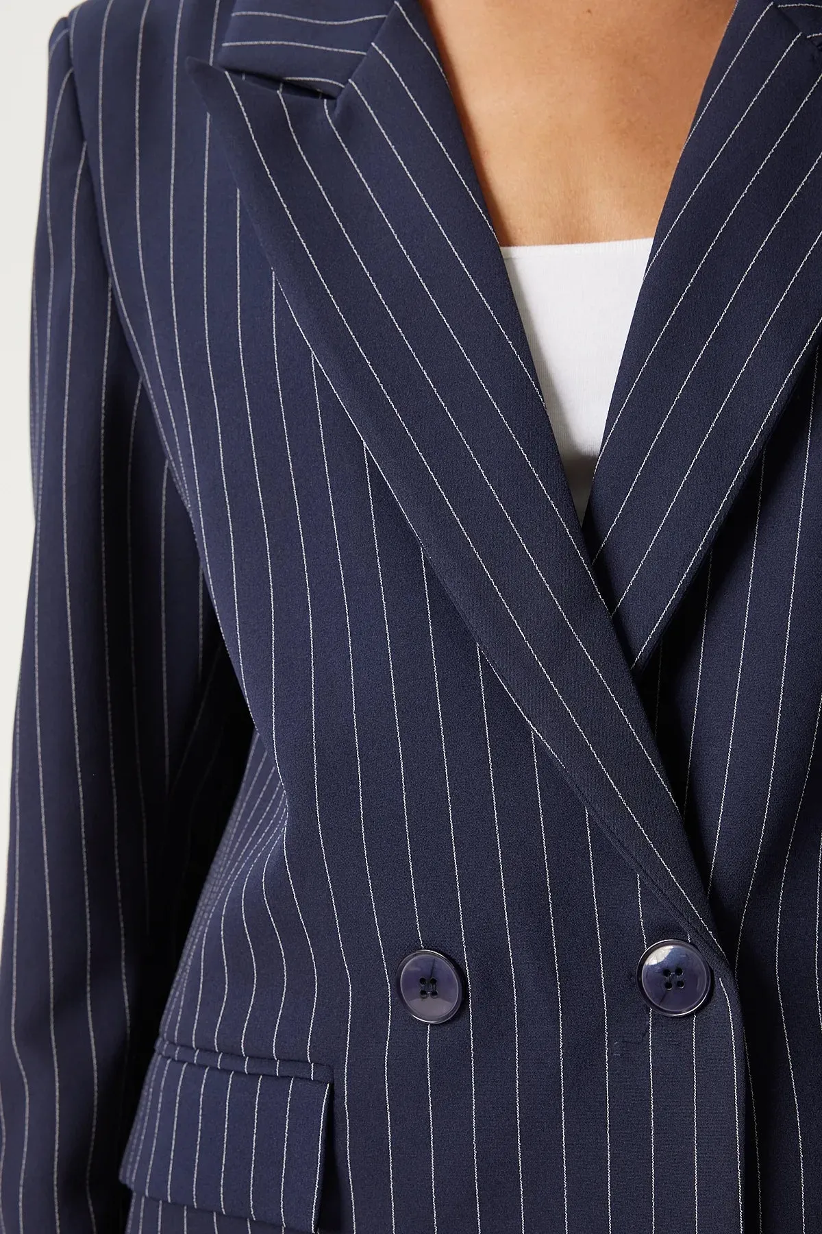 Navy Blue Pinstripe Oversize Double Breasted Jacket