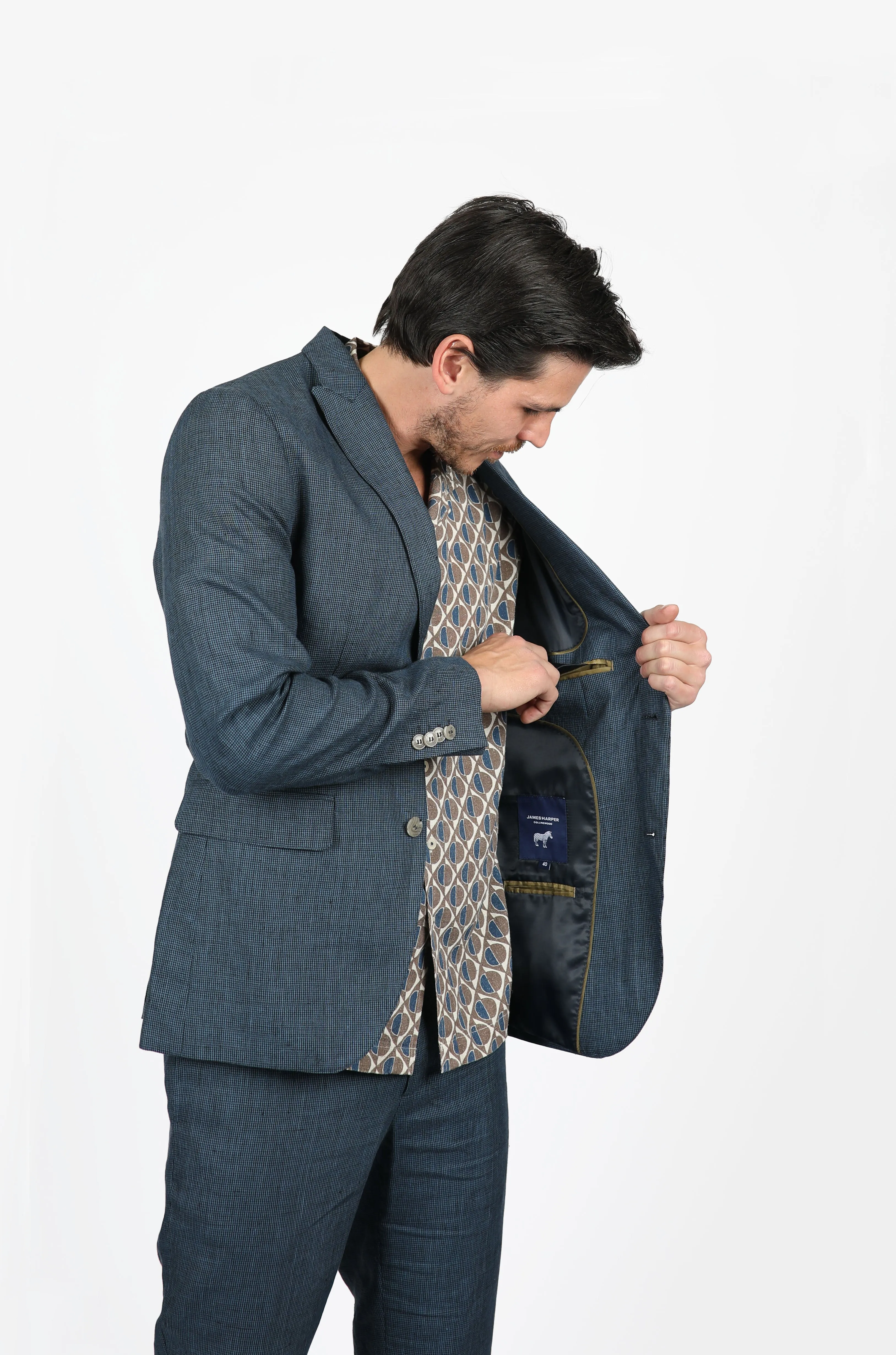 Navy Linen Peak Lapel Houndstooth Blazer