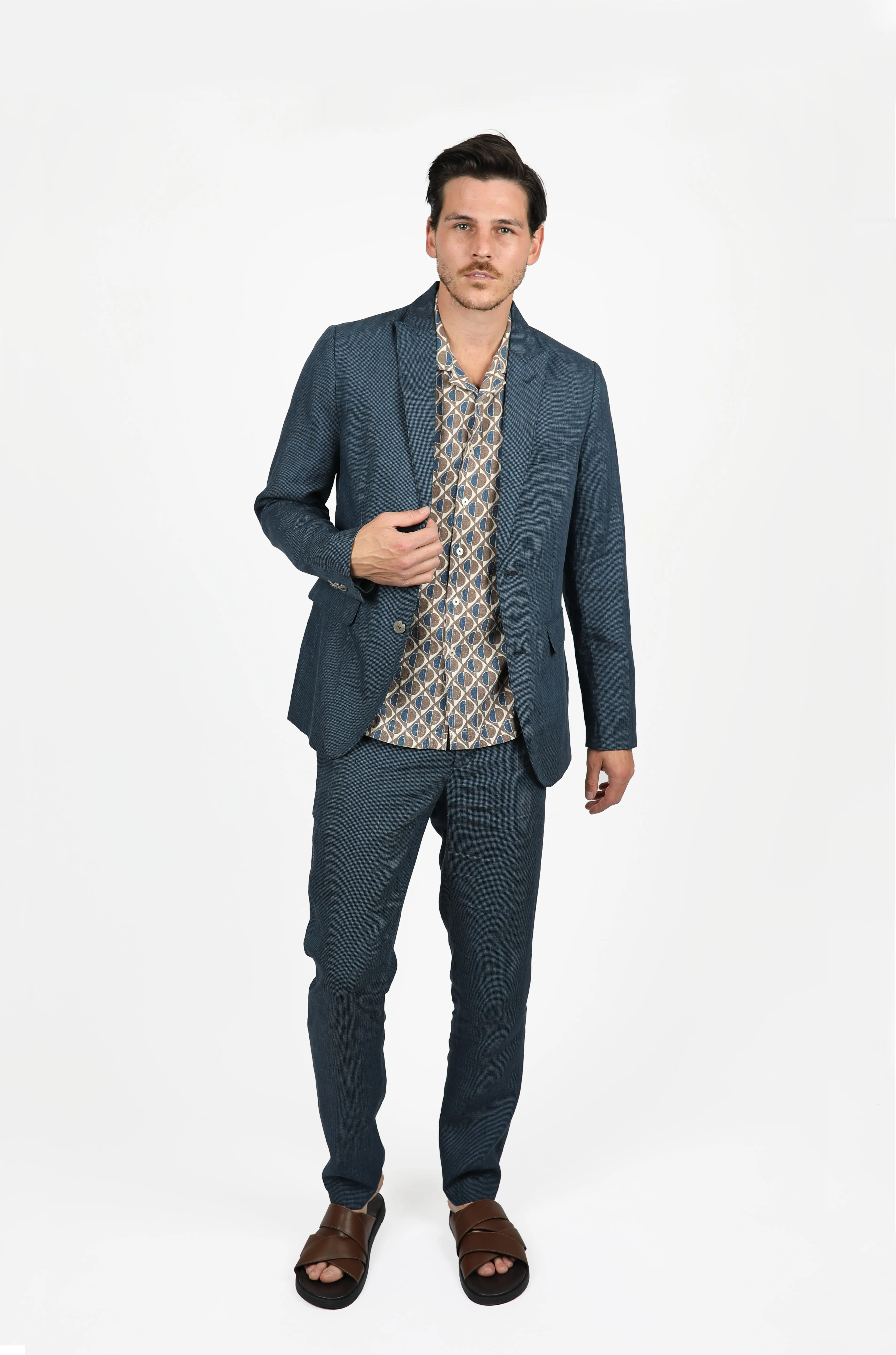 Navy Linen Peak Lapel Houndstooth Blazer