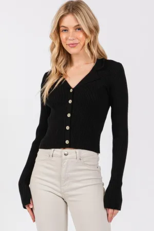 NOTCH COLLARED LONG SLEEVE RIBBED SWEATER CARDIGAN