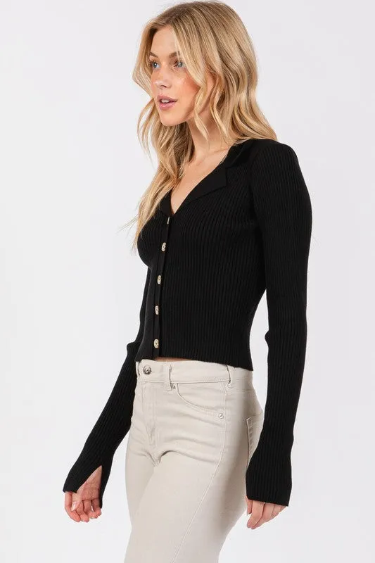 NOTCH COLLARED LONG SLEEVE RIBBED SWEATER CARDIGAN