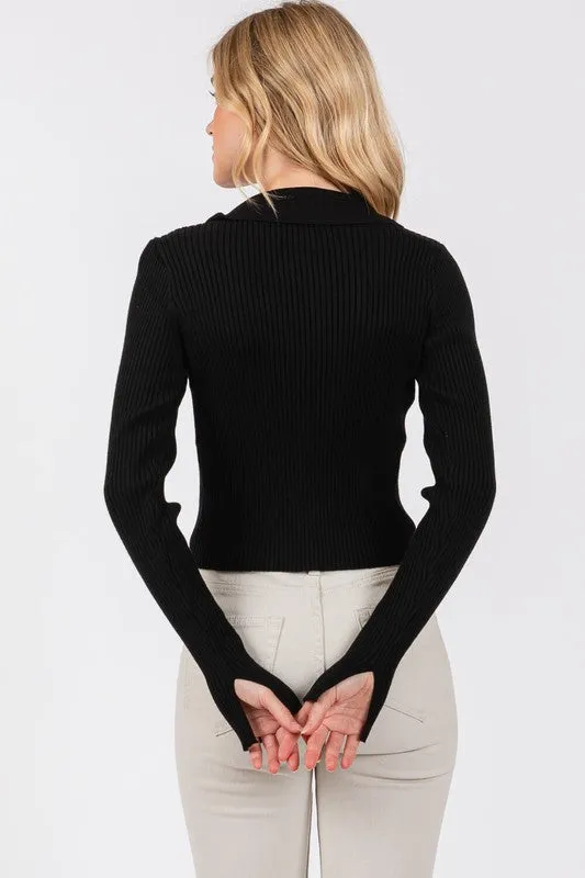 NOTCH COLLARED LONG SLEEVE RIBBED SWEATER CARDIGAN