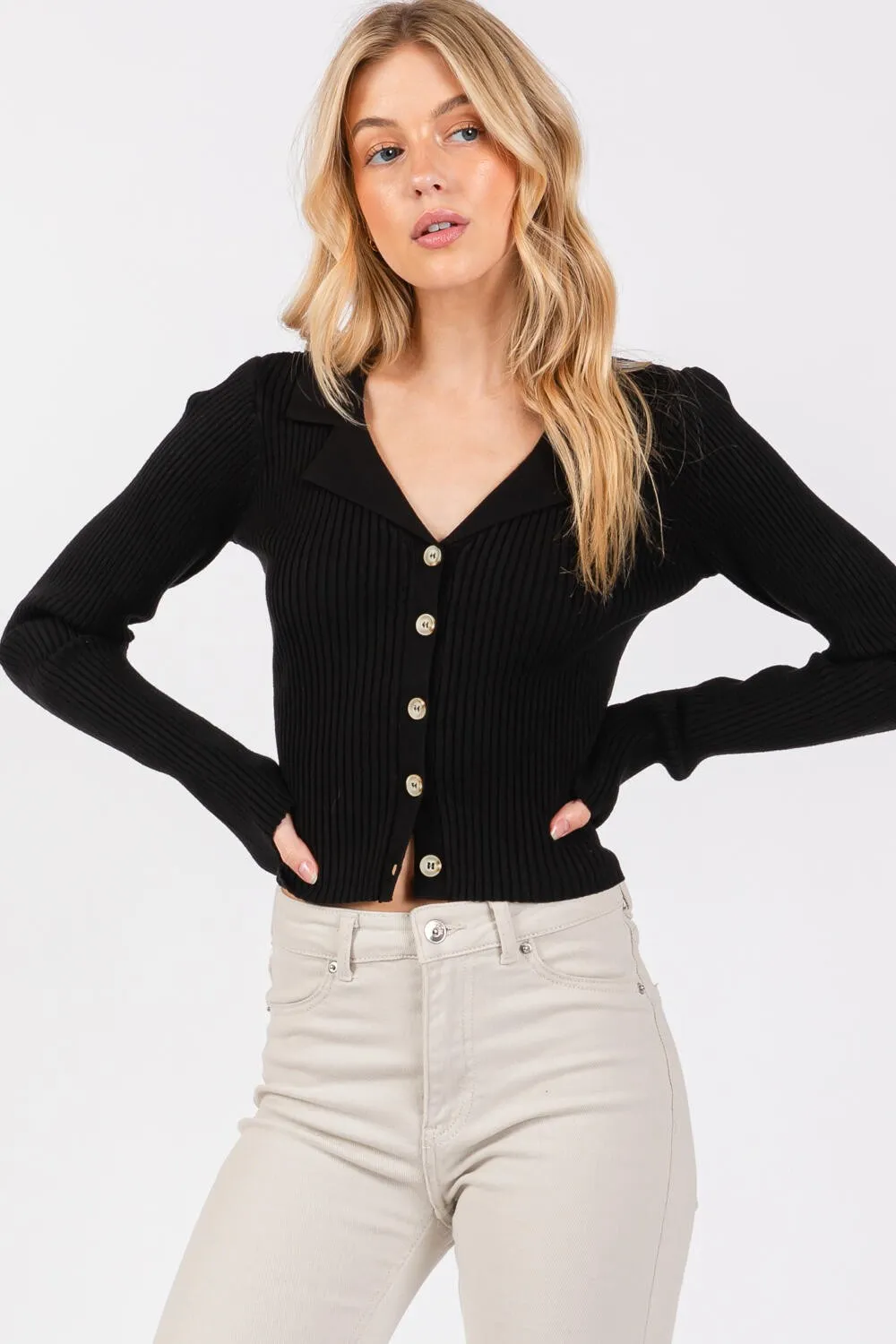 NOTCH COLLARED LONG SLEEVE RIBBED SWEATER CARDIGAN