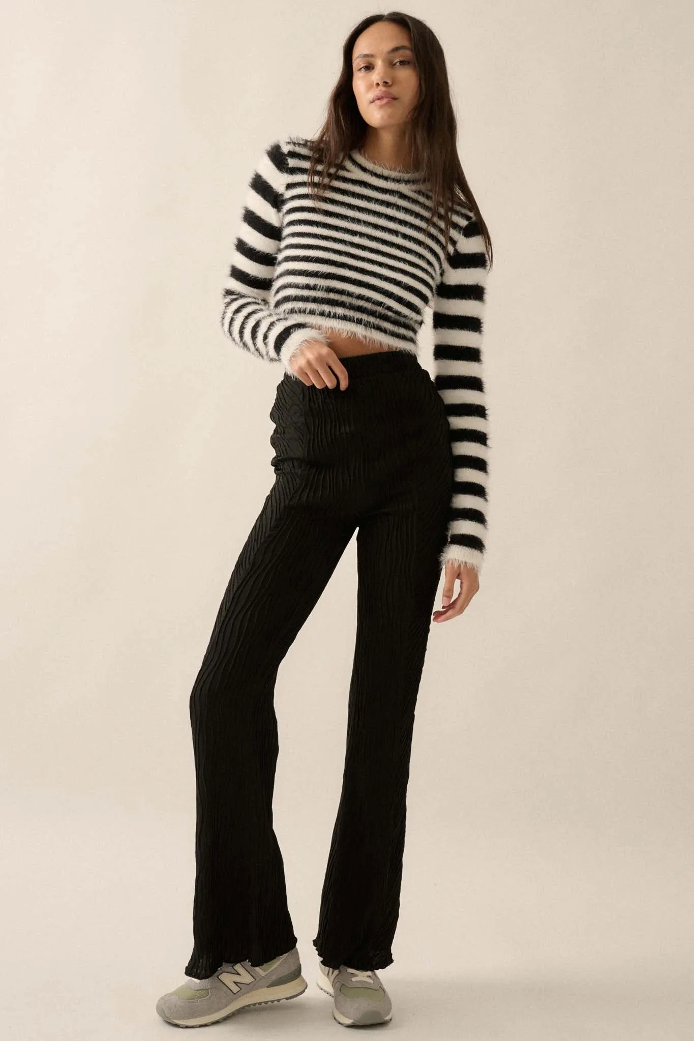 Outside the Lines Striped Fuzzy Knit Crop Sweater