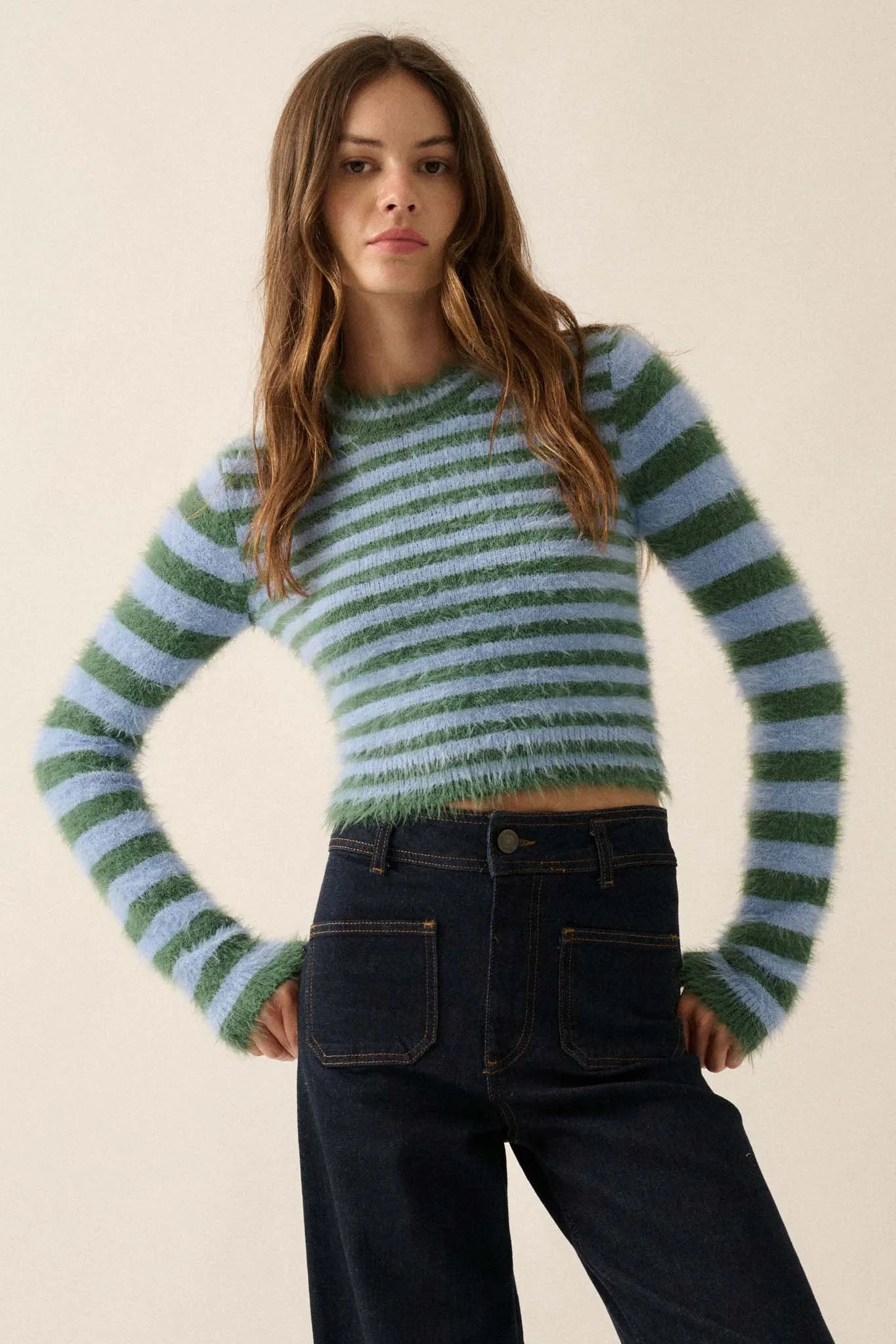 Outside the Lines Striped Fuzzy Knit Crop Sweater