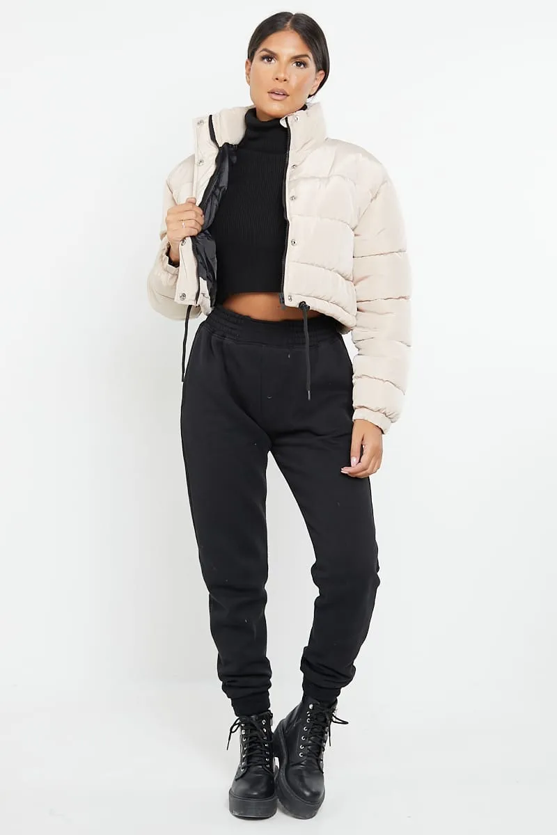 PADDED CROP PUFFER JACKET- BEIGE