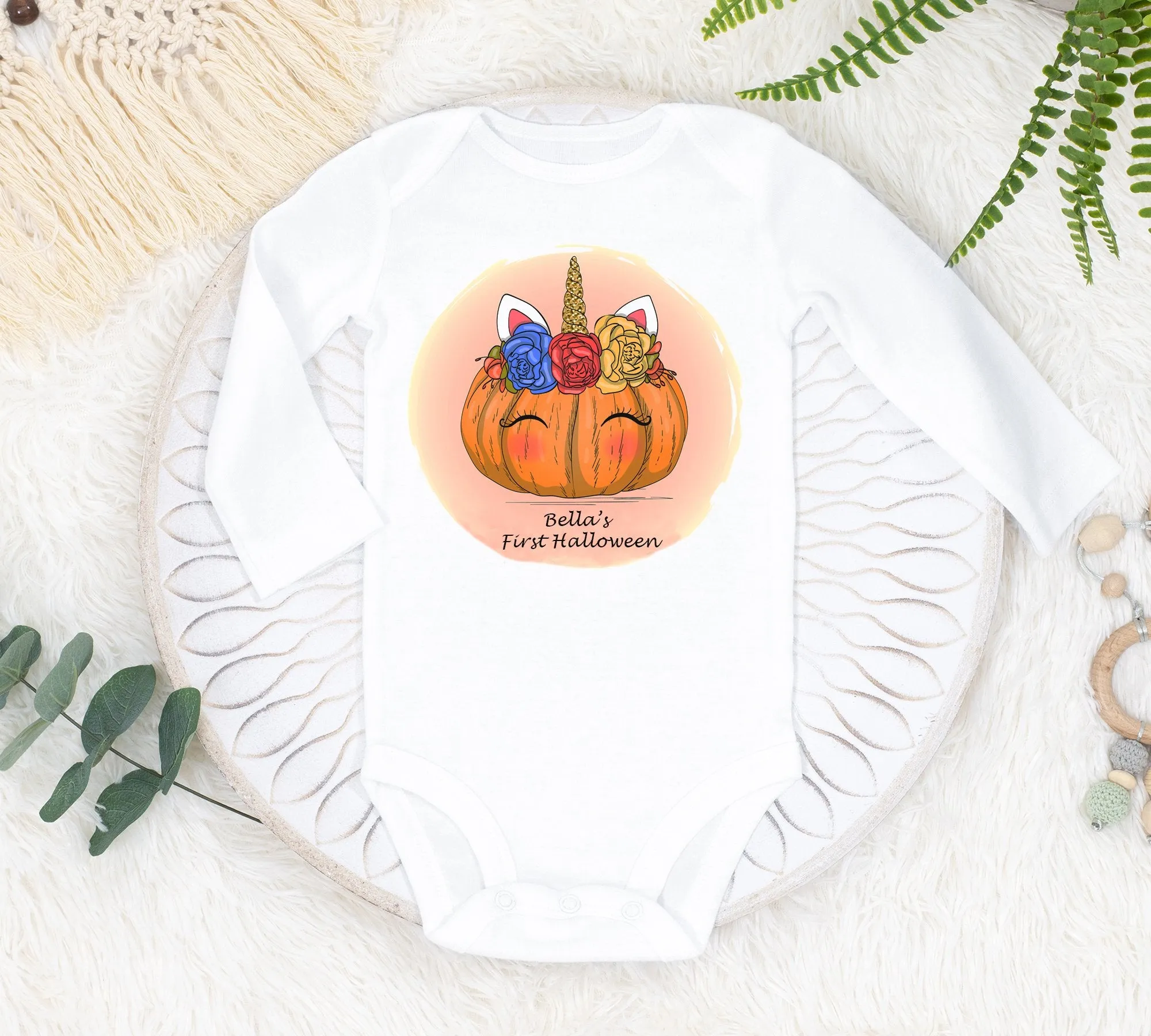 Personalised Baby Bodysuit - Unicorn Pumpkin